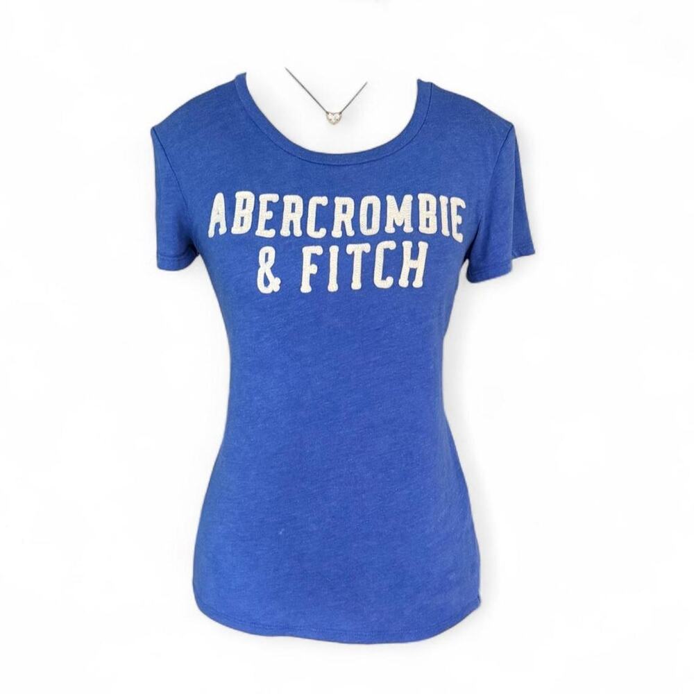 Y2K Abercrombie & Fitch blue baby tee white text reading 'ABERCROMBIE & FITCH XS